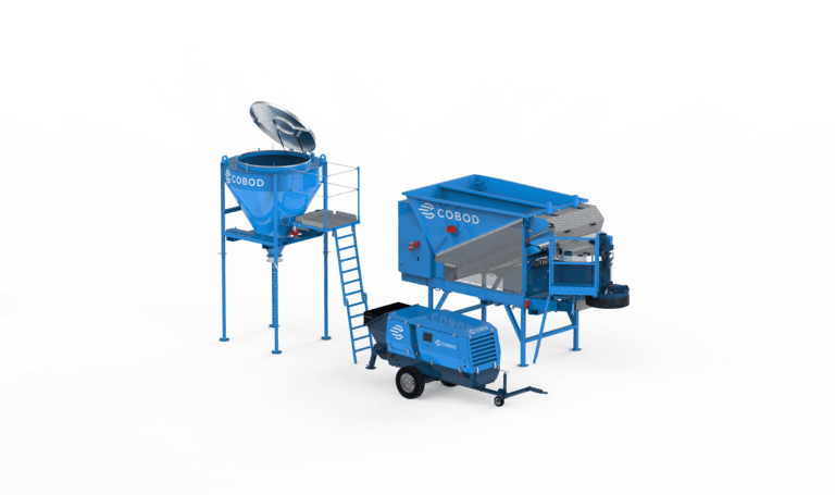 The COBOD Mini Batch Plant, pump, and silo