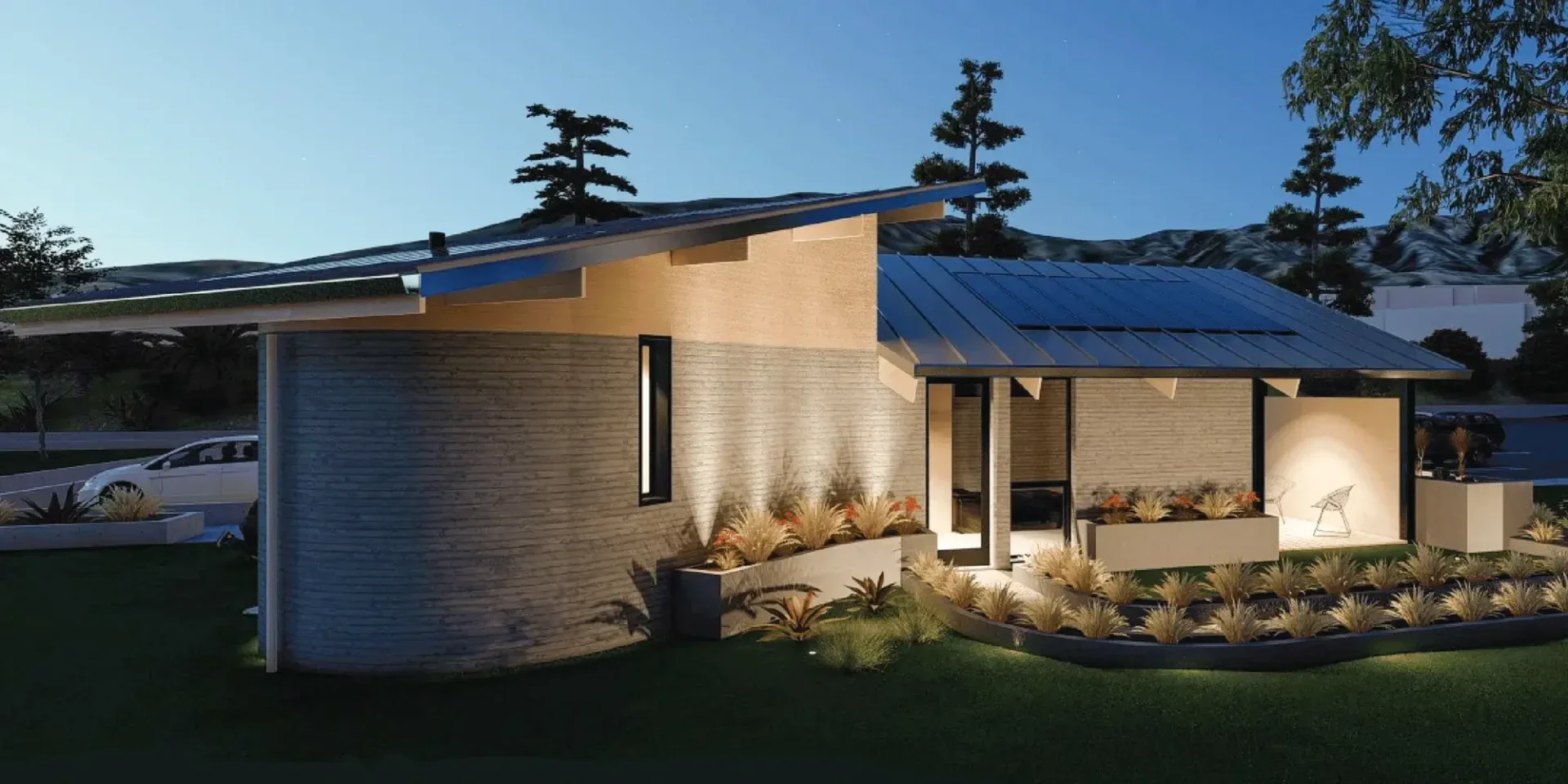 Rendering illustrating the innovative design finalized before 3D printing the net-zero energy home.
