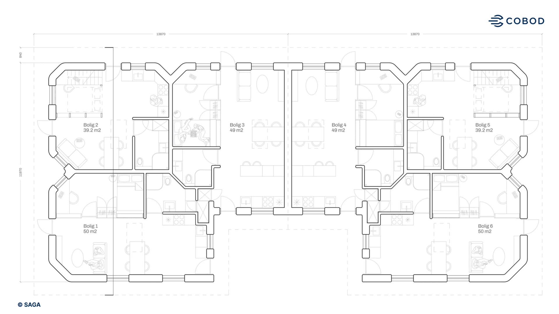 Architectural floor plan of the 3D printed student housing complex in Holstebro, Denmark, designed by SAGA, showing six individual apartments ranging from 39 to 50 square meters (420 – 538 sq.ft.).