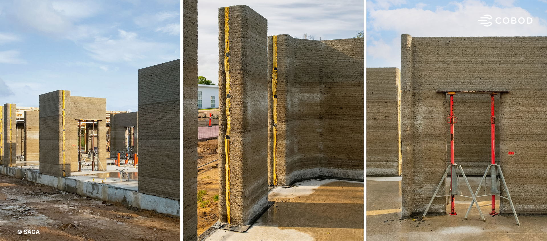 Close-up view of the 3D printed concrete walls during construction of the student housing project in Holstebro, showing the layered wall structure and openings for doors and windows.