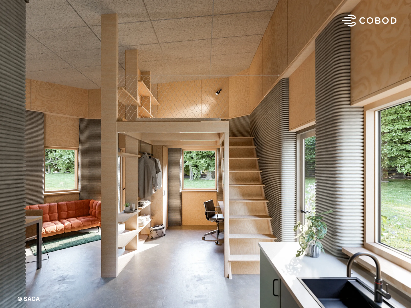Interior design of a 3D printed housing unit in Holstebro, Denmark, featuring modern wood finishes, a loft, and the characteristic layered 3D printed walls.