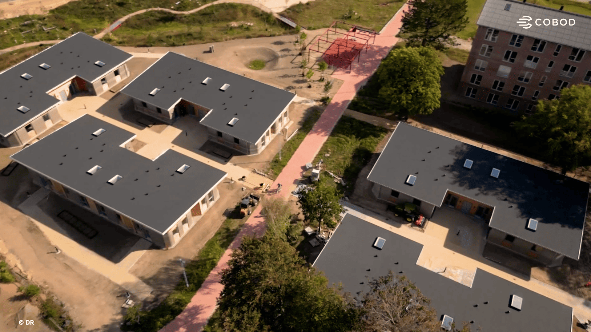 Aerial view of the student village, showing several of the 6 building clusters